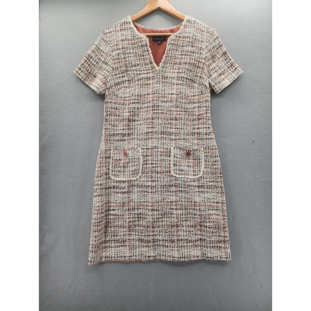 Connected Apparel Tweed Shift Dress Brown Orange V-Neck Fringe Pocket Size 10